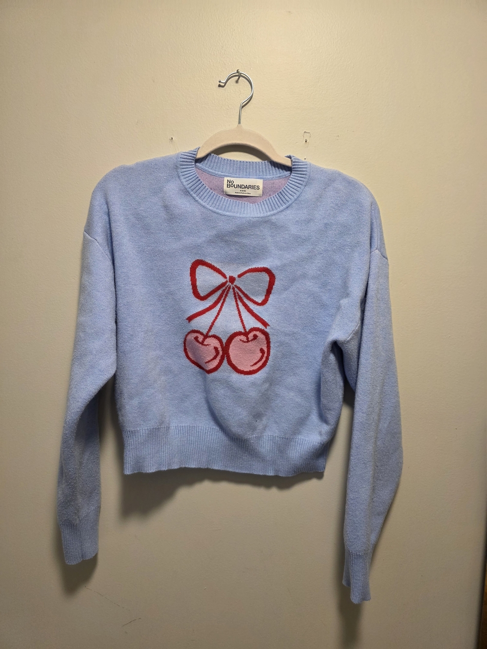 No Boundaries Light Blue Crewneck Sweater with Red Cherry Motif